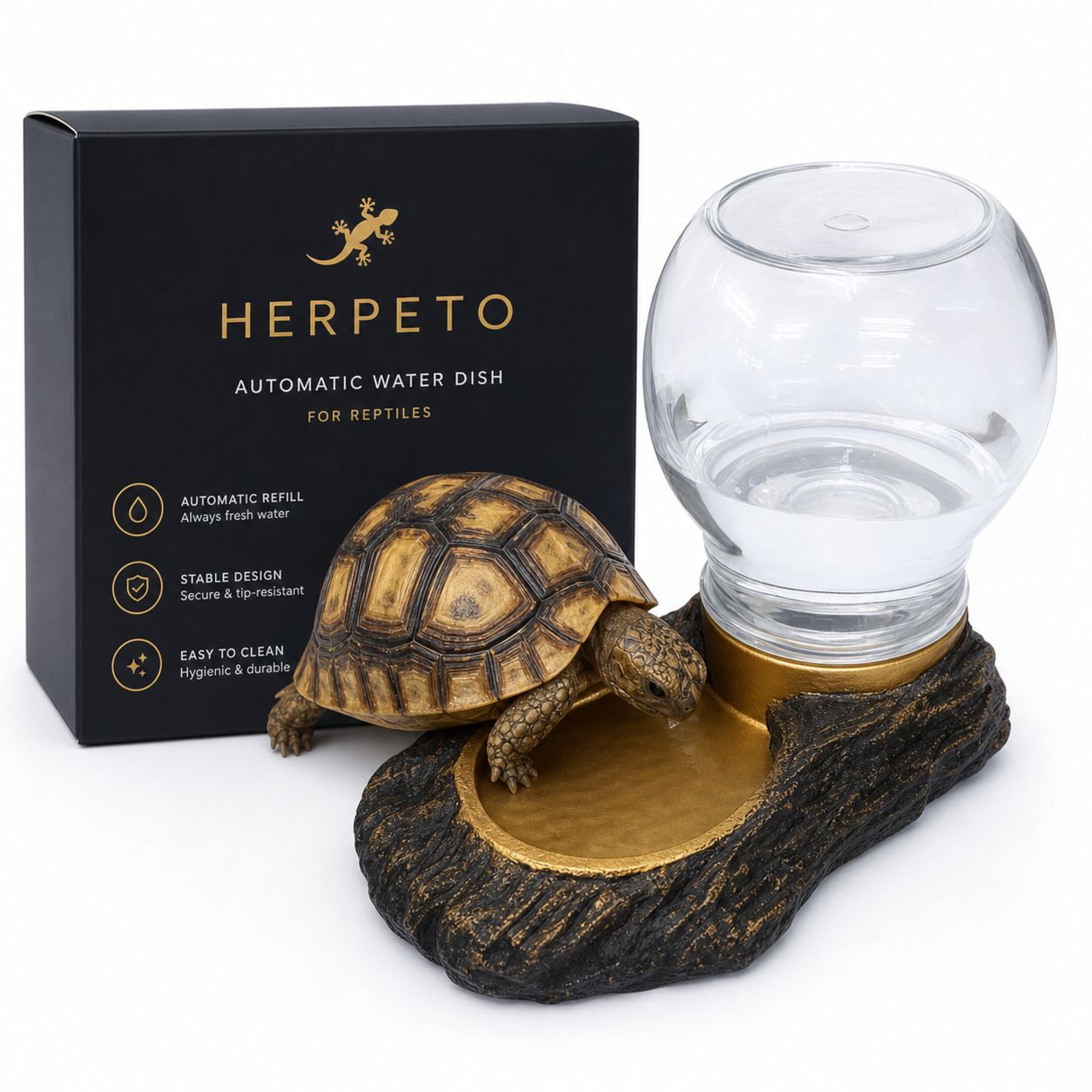 HERPETO Faux Wood Automatic Water Dish for Reptiles, Tortoises, and Small Pets