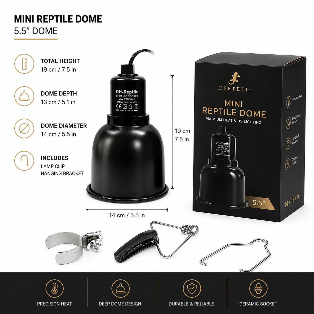 HERPETO Deep Dome Lamp | Heat & UVB Fixture