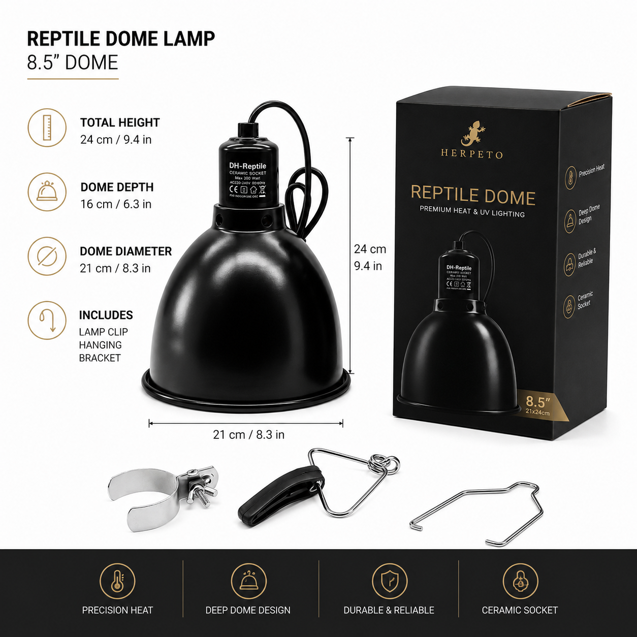HERPETO Deep Dome Lamp | Heat & UVB Fixture